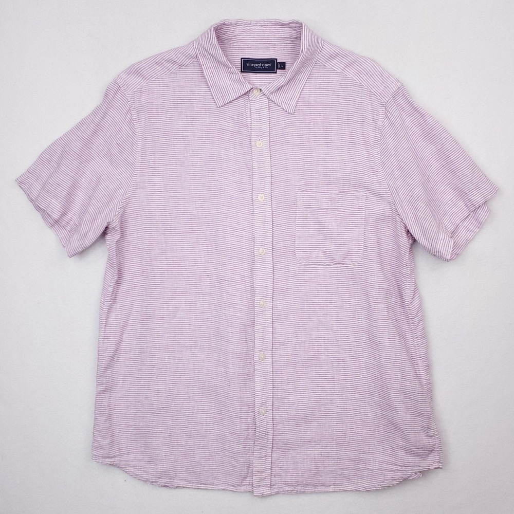 Vineyard Vines Shirt Mens Large Purple White Linen Short Sleeve Button Up Casual